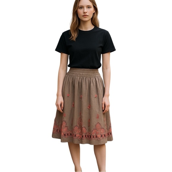 NWT Diane Gilman 14 Tan Full Skirt Embroidered Design...